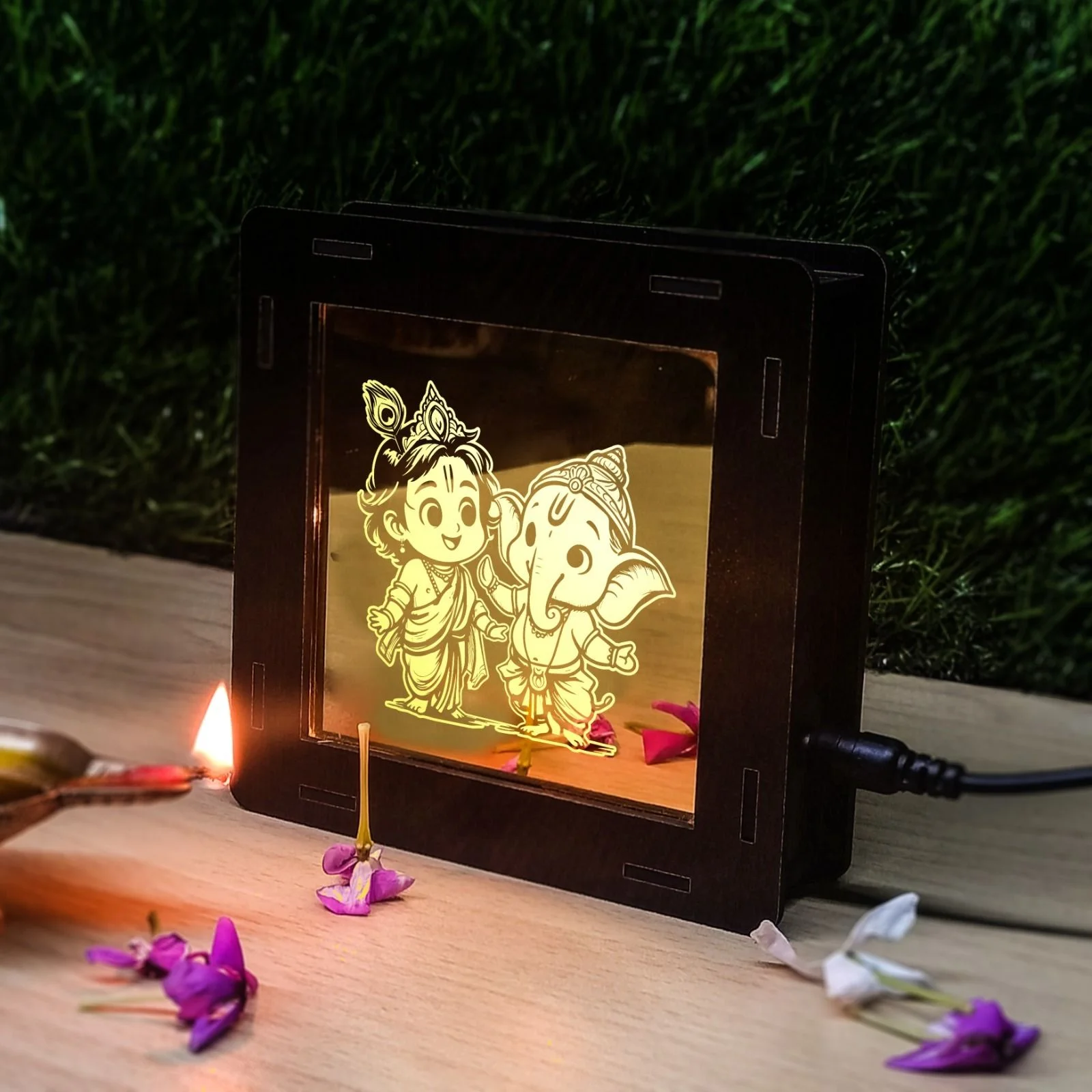 Giftkidukan Cute Bal Krishna & Bal Ganesh Wooden Box Light Pooja Room Decoration Light Night Lamp (11 cm, yellow warm white)